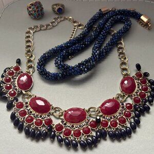 Retro Costume Jewelry Bundle – 2 Statement Necklaces + 2 Cocktail Rings